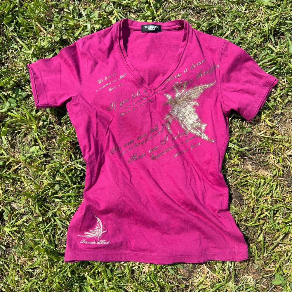 Japan Designer Tornado Mart Magenta V-Neck Graphic T-Shirt